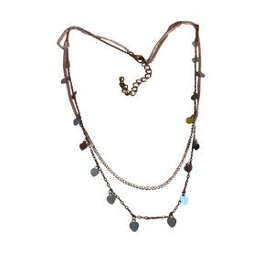 Vintage 2 Strand Necklace Silver Tone Gunmetal Heart Dangles Layered Adj 20"